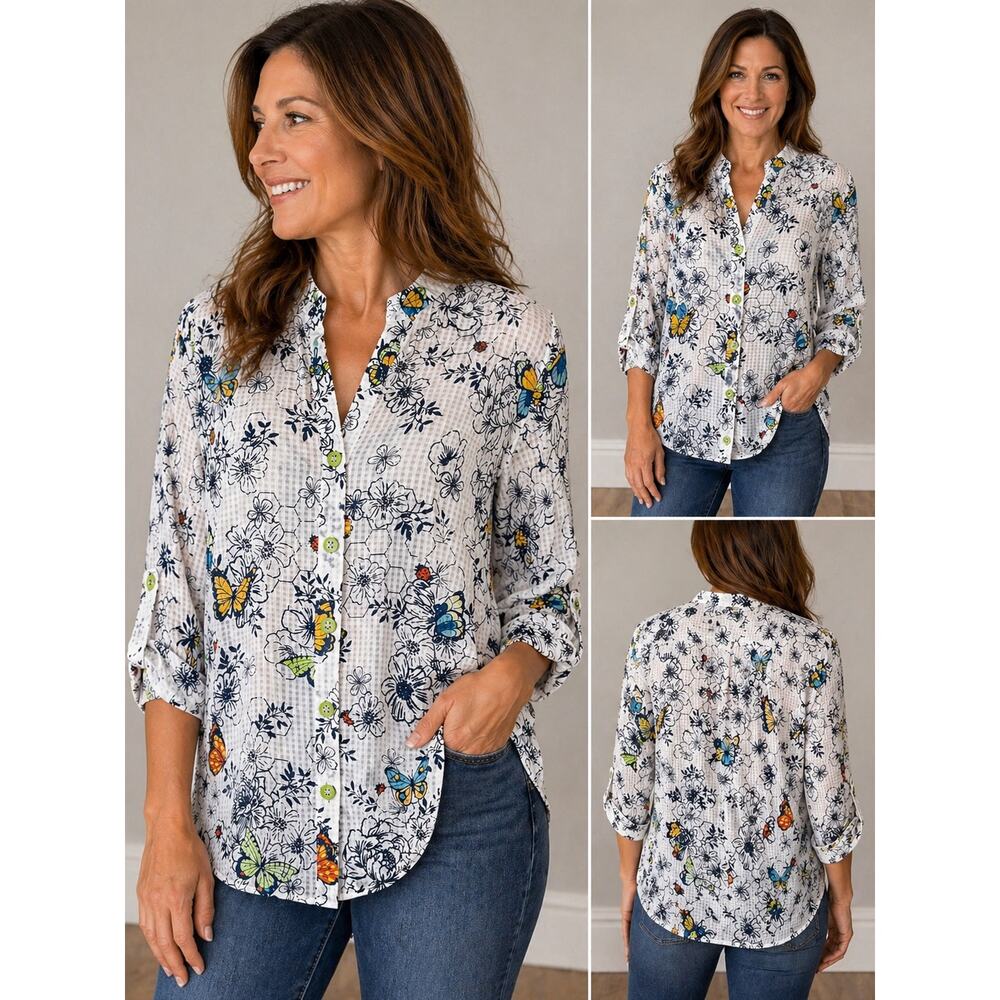 Women’s Butterfly Floral Button Down Blouse XL White Black Colorful Cottagecore